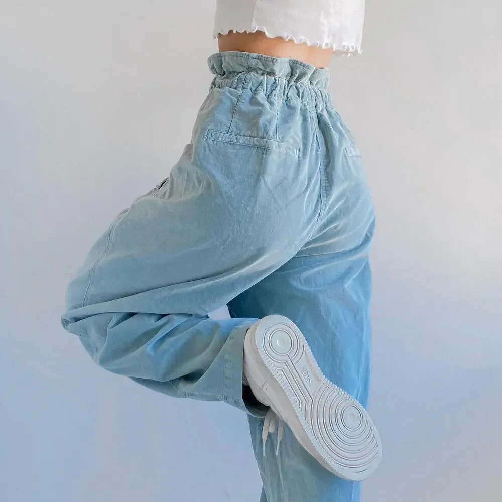 Free People Light Blue Corduroy Paperbag Waist Pleated Trouser Pants XS - Picture 2 of 14